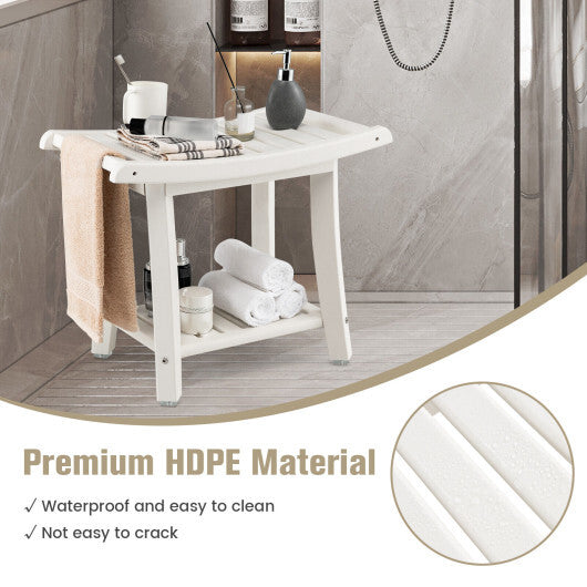 Waterproof Bath Stool with Curved Seat and Storage Shelf-Brown