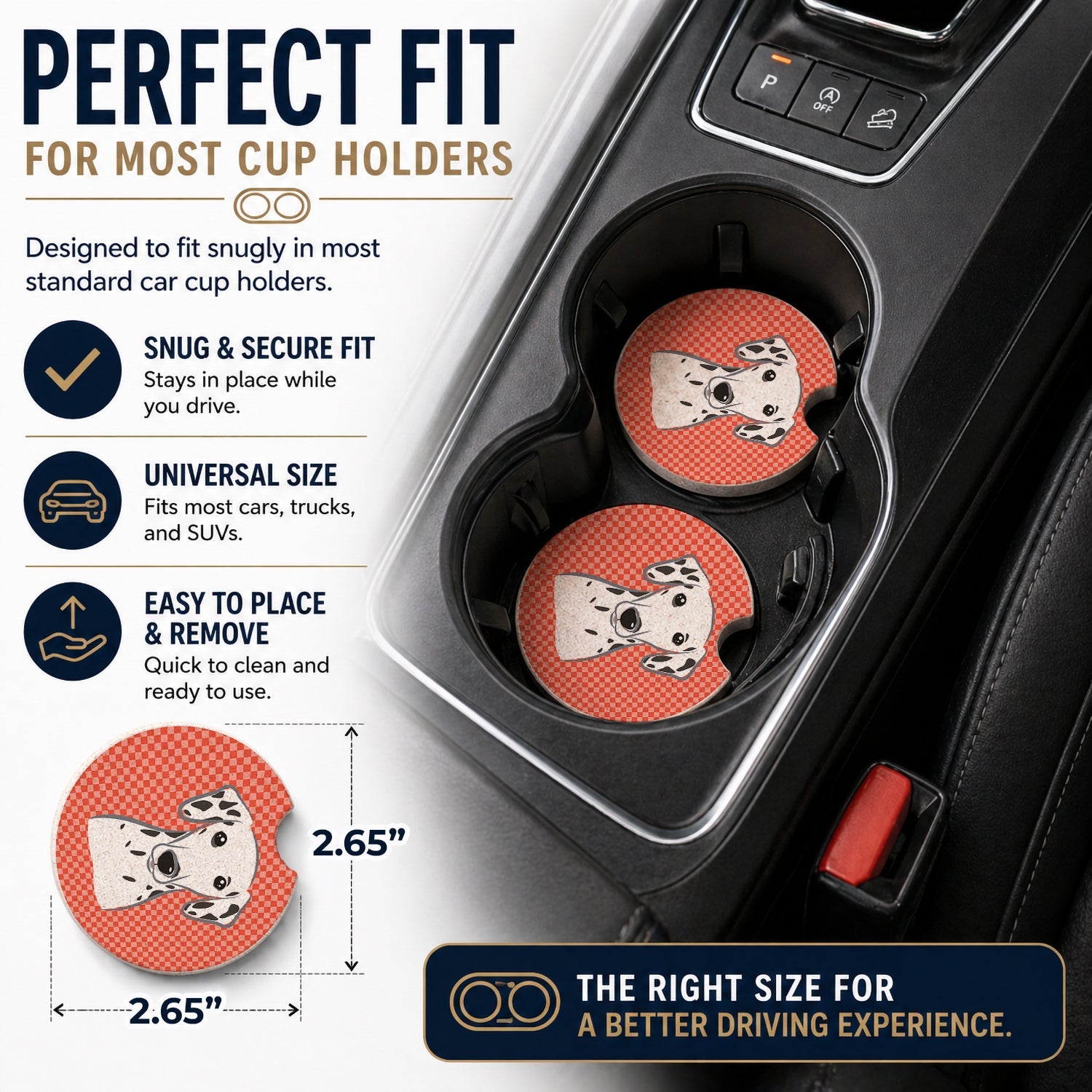 Red Checkered Dalmatian Set of 2 Cup Holder Car Coasters Absorbent Round Sandstone Coasters Gifts for Men or Women, 2.5, Multicolor