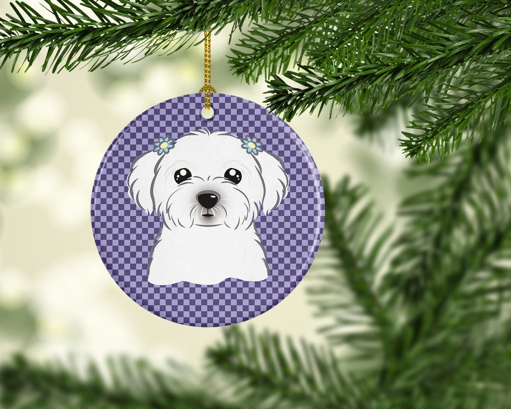 Purple Checkered Maltese Ceramic Ornament Christmas Tree Hanging Decorations for Home Christmas Holiday, Party, Gift, 3 in, Multicolor