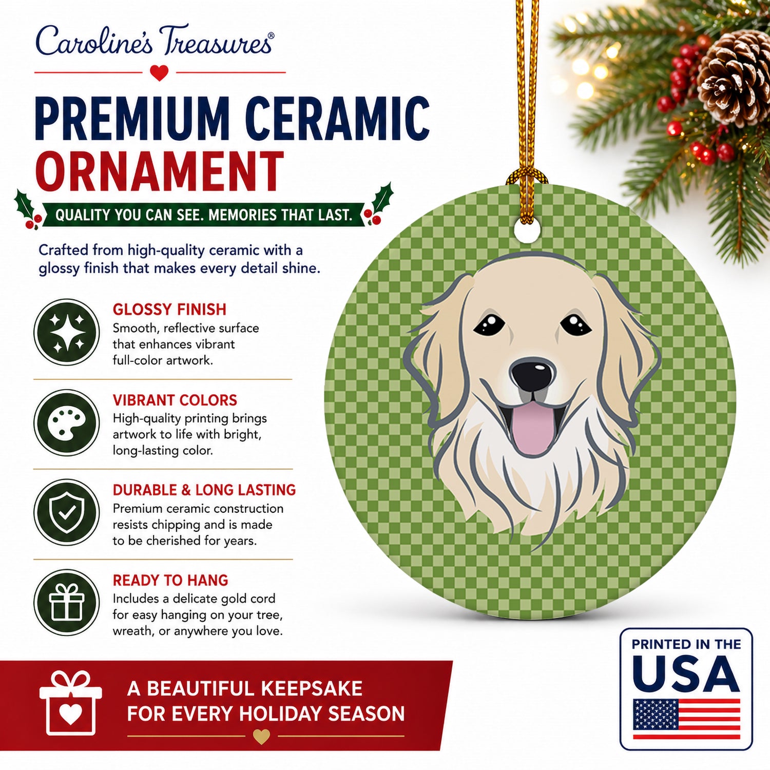 Green Checkered Golden Retriever Ceramic Ornament Christmas Tree Hanging Decorations for Home Christmas Holiday, Party, Gift, 3 in, Multicolor