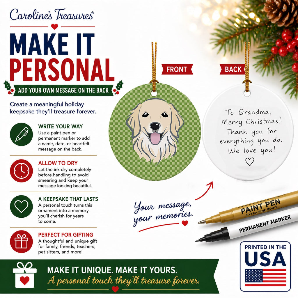 Green Checkered Golden Retriever Ceramic Ornament Christmas Tree Hanging Decorations for Home Christmas Holiday, Party, Gift, 3 in, Multicolor