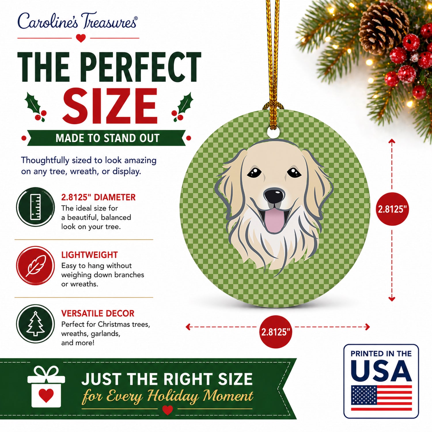 Green Checkered Golden Retriever Ceramic Ornament Christmas Tree Hanging Decorations for Home Christmas Holiday, Party, Gift, 3 in, Multicolor