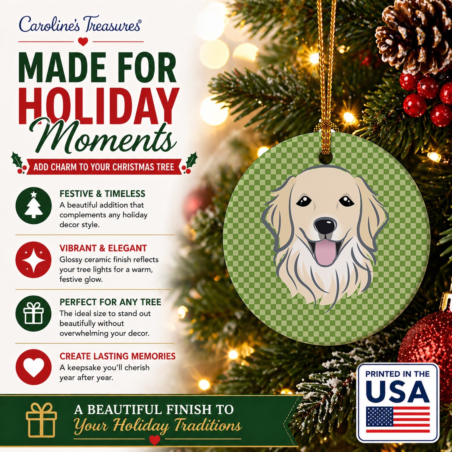 Green Checkered Golden Retriever Ceramic Ornament Christmas Tree Hanging Decorations for Home Christmas Holiday, Party, Gift, 3 in, Multicolor