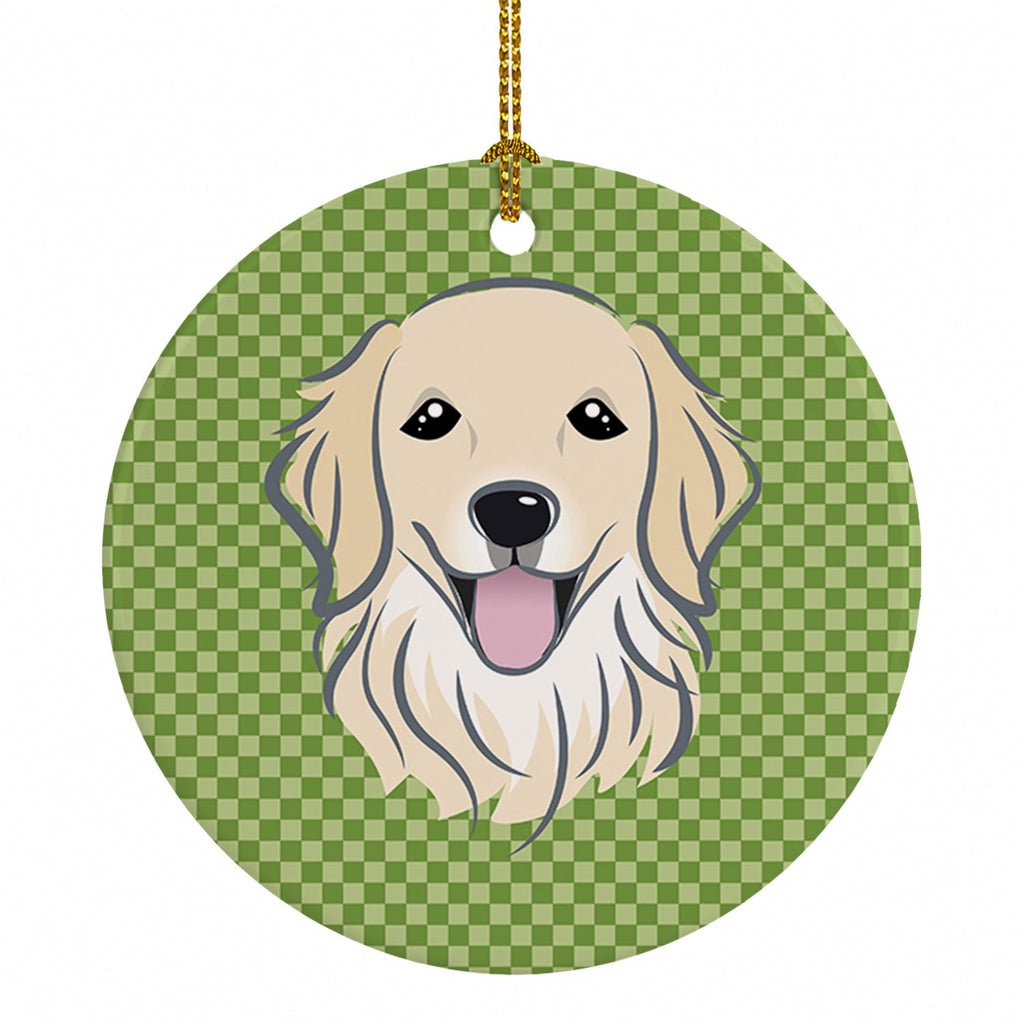 Green Checkered Golden Retriever Ceramic Ornament Christmas Tree Hanging Decorations for Home Christmas Holiday, Party, Gift, 3 in, Multicolor