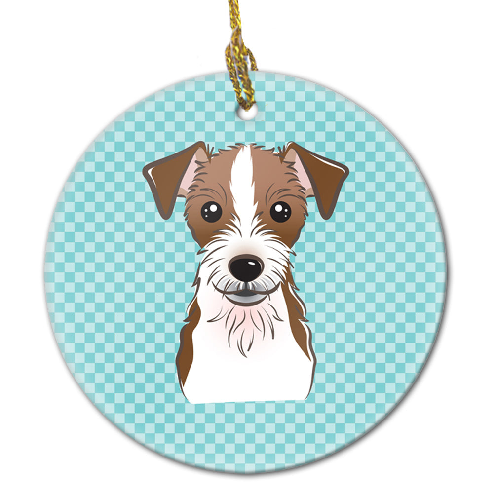 Checkerboard Blue Jack Russell Terrier Ceramic Ornament Christmas Tree Hanging Decorations for Home Christmas Holiday, Party, Gift, 3 in, Multicolor