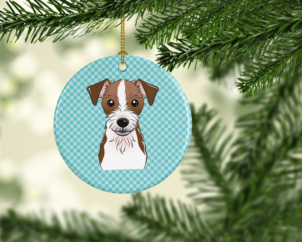 Checkerboard Blue Jack Russell Terrier Ceramic Ornament Christmas Tree Hanging Decorations for Home Christmas Holiday, Party, Gift, 3 in, Multicolor