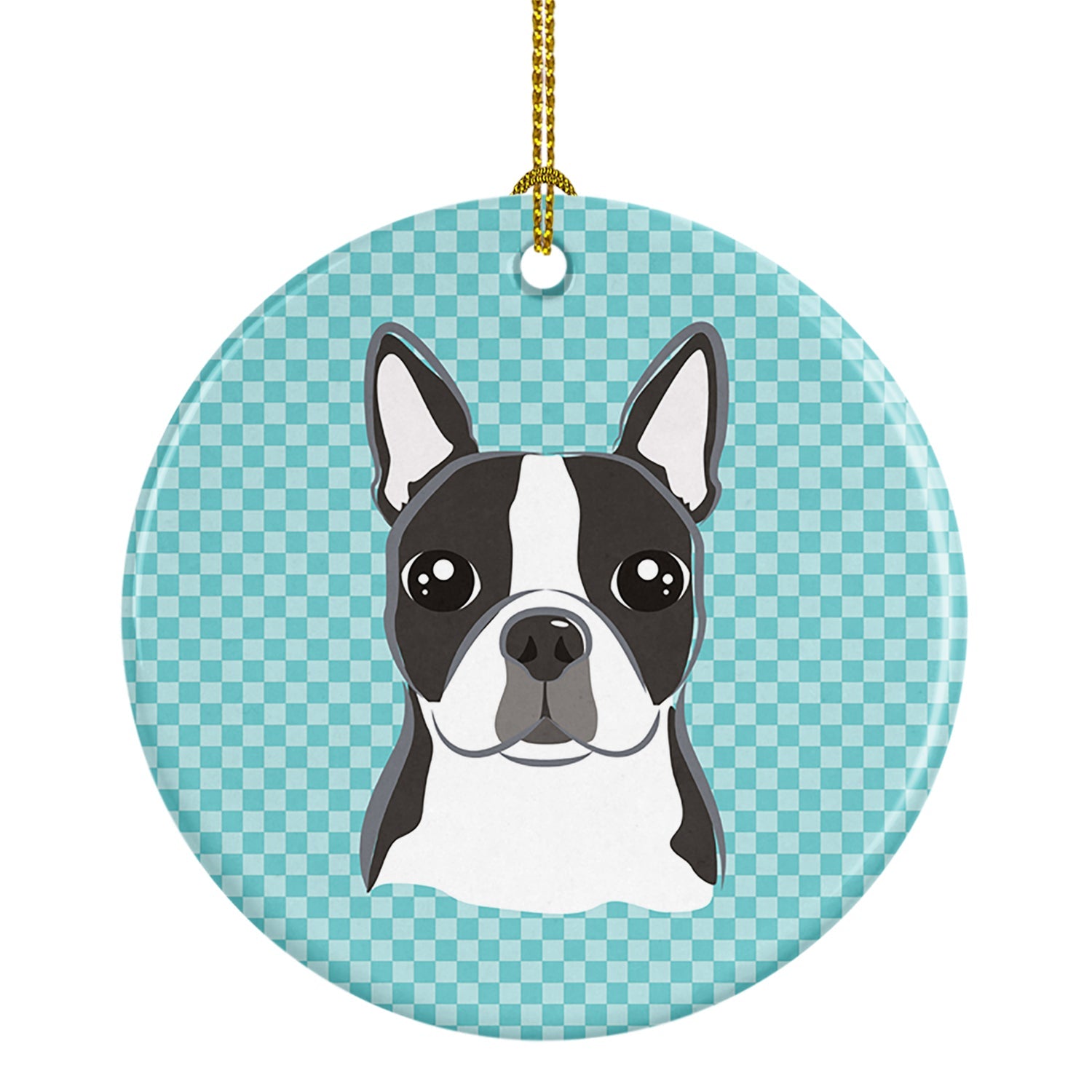 Checkerboard Blue Boston Terrier Ceramic Ornament Christmas Tree Hanging Decorations for Home Christmas Holiday, Party, Gift, 3 in, Multicolor