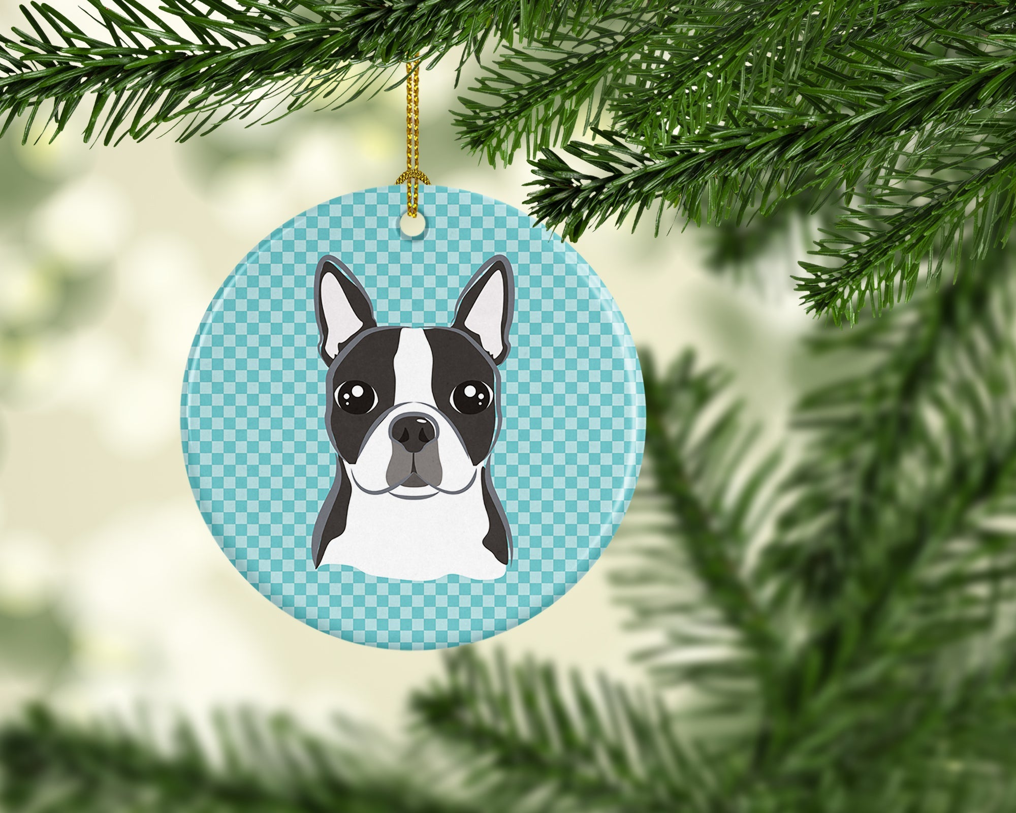 Checkerboard Blue Boston Terrier Ceramic Ornament Christmas Tree Hanging Decorations for Home Christmas Holiday, Party, Gift, 3 in, Multicolor