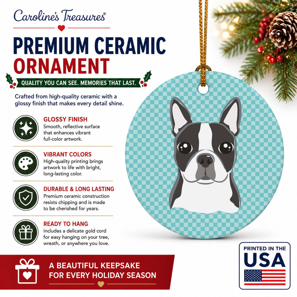 Checkerboard Blue Boston Terrier Ceramic Ornament Christmas Tree Hanging Decorations for Home Christmas Holiday, Party, Gift, 3 in, Multicolor