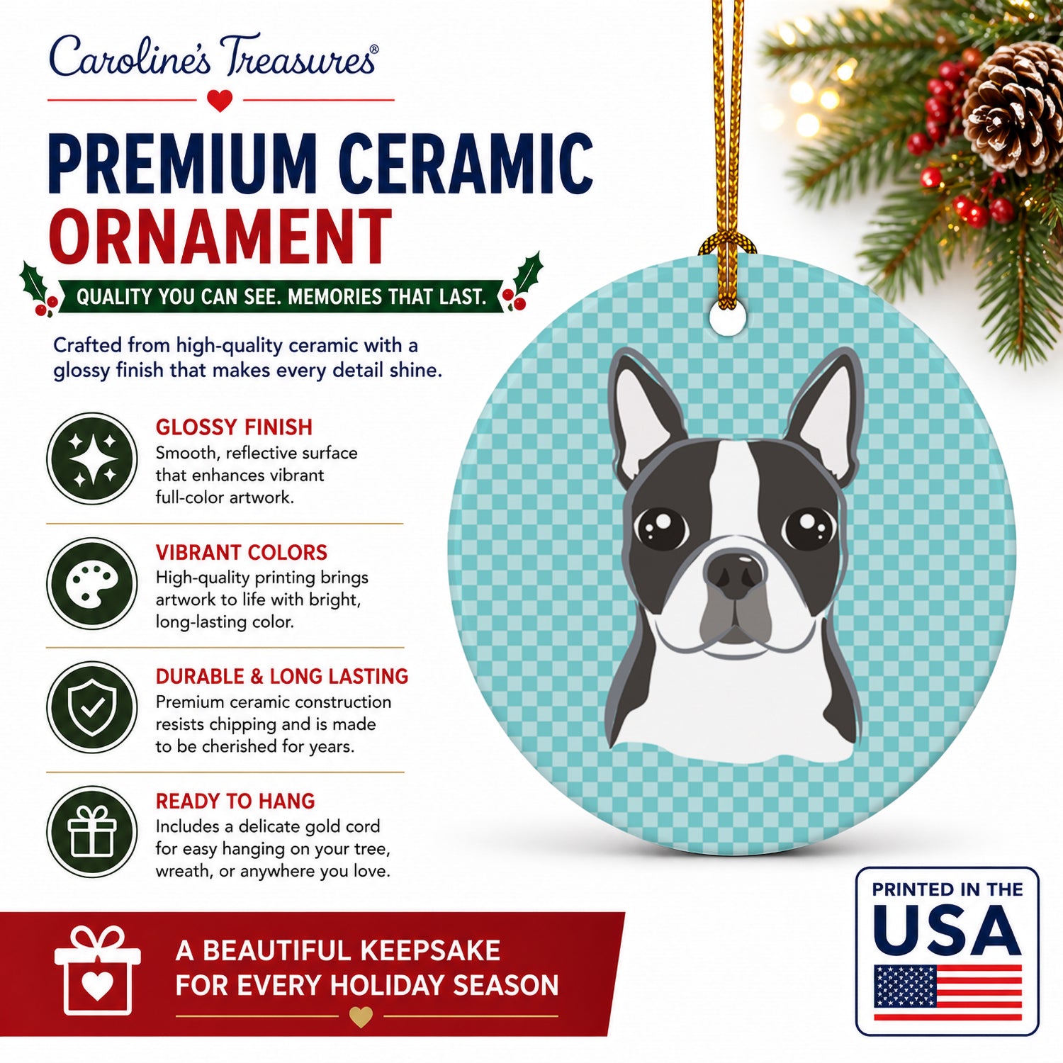 Checkerboard Blue Boston Terrier Ceramic Ornament Christmas Tree Hanging Decorations for Home Christmas Holiday, Party, Gift, 3 in, Multicolor