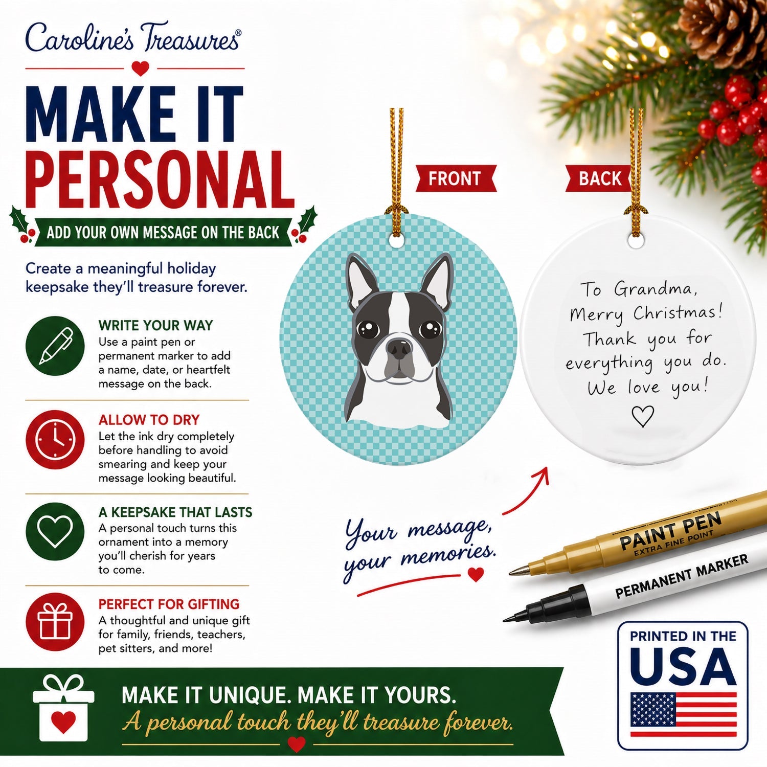 Checkerboard Blue Boston Terrier Ceramic Ornament Christmas Tree Hanging Decorations for Home Christmas Holiday, Party, Gift, 3 in, Multicolor