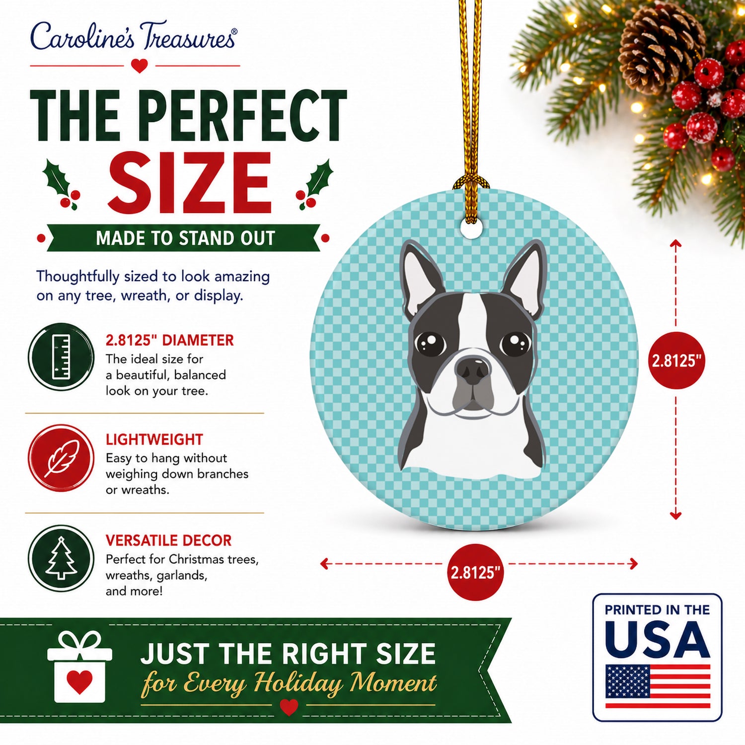 Checkerboard Blue Boston Terrier Ceramic Ornament Christmas Tree Hanging Decorations for Home Christmas Holiday, Party, Gift, 3 in, Multicolor