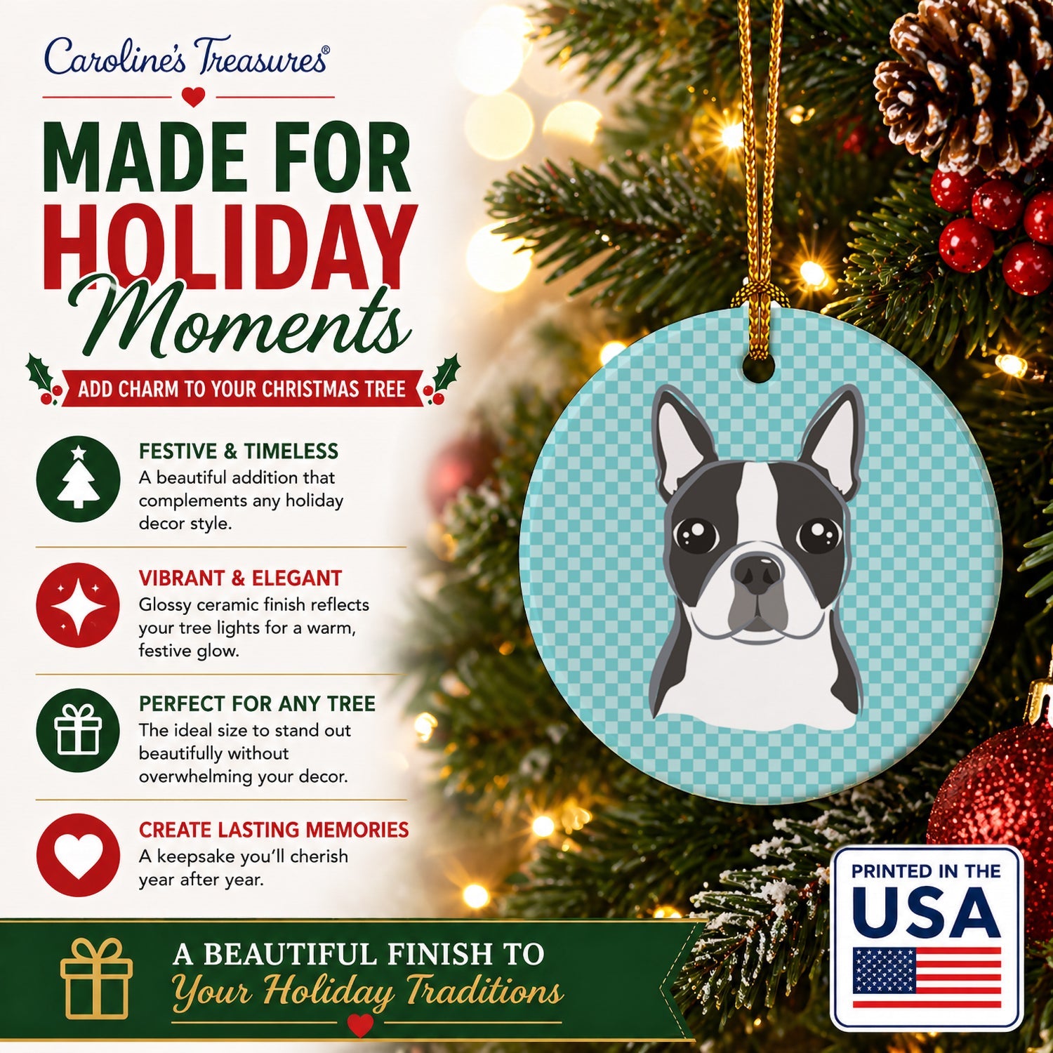 Checkerboard Blue Boston Terrier Ceramic Ornament Christmas Tree Hanging Decorations for Home Christmas Holiday, Party, Gift, 3 in, Multicolor