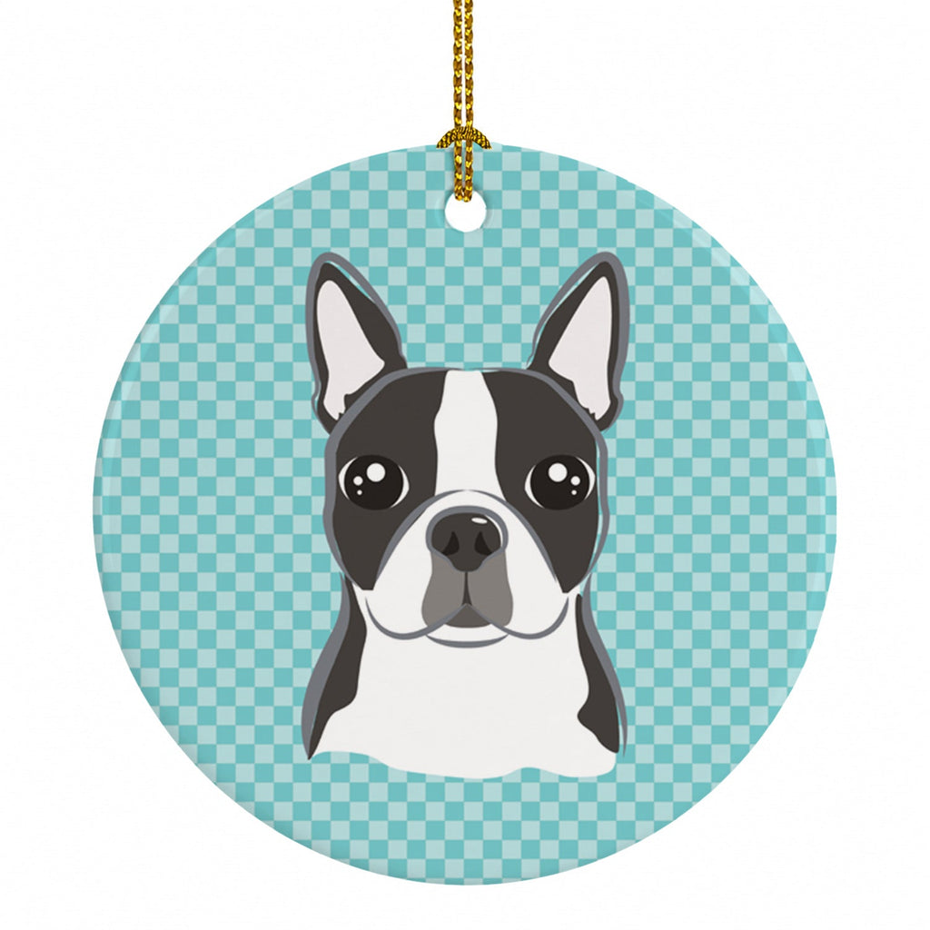 Checkerboard Blue Boston Terrier Ceramic Ornament Christmas Tree Hanging Decorations for Home Christmas Holiday, Party, Gift, 3 in, Multicolor