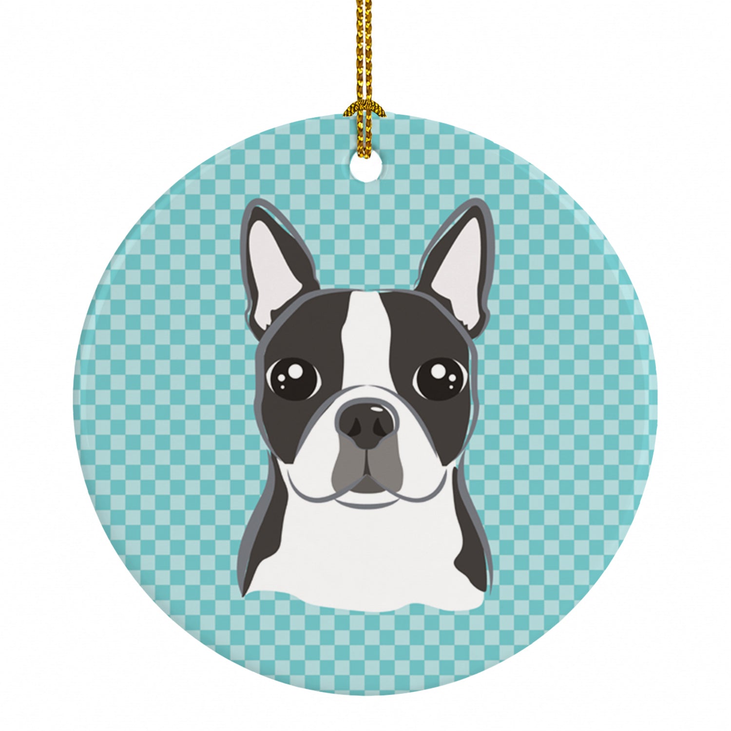 Checkerboard Blue Boston Terrier Ceramic Ornament Christmas Tree Hanging Decorations for Home Christmas Holiday, Party, Gift, 3 in, Multicolor