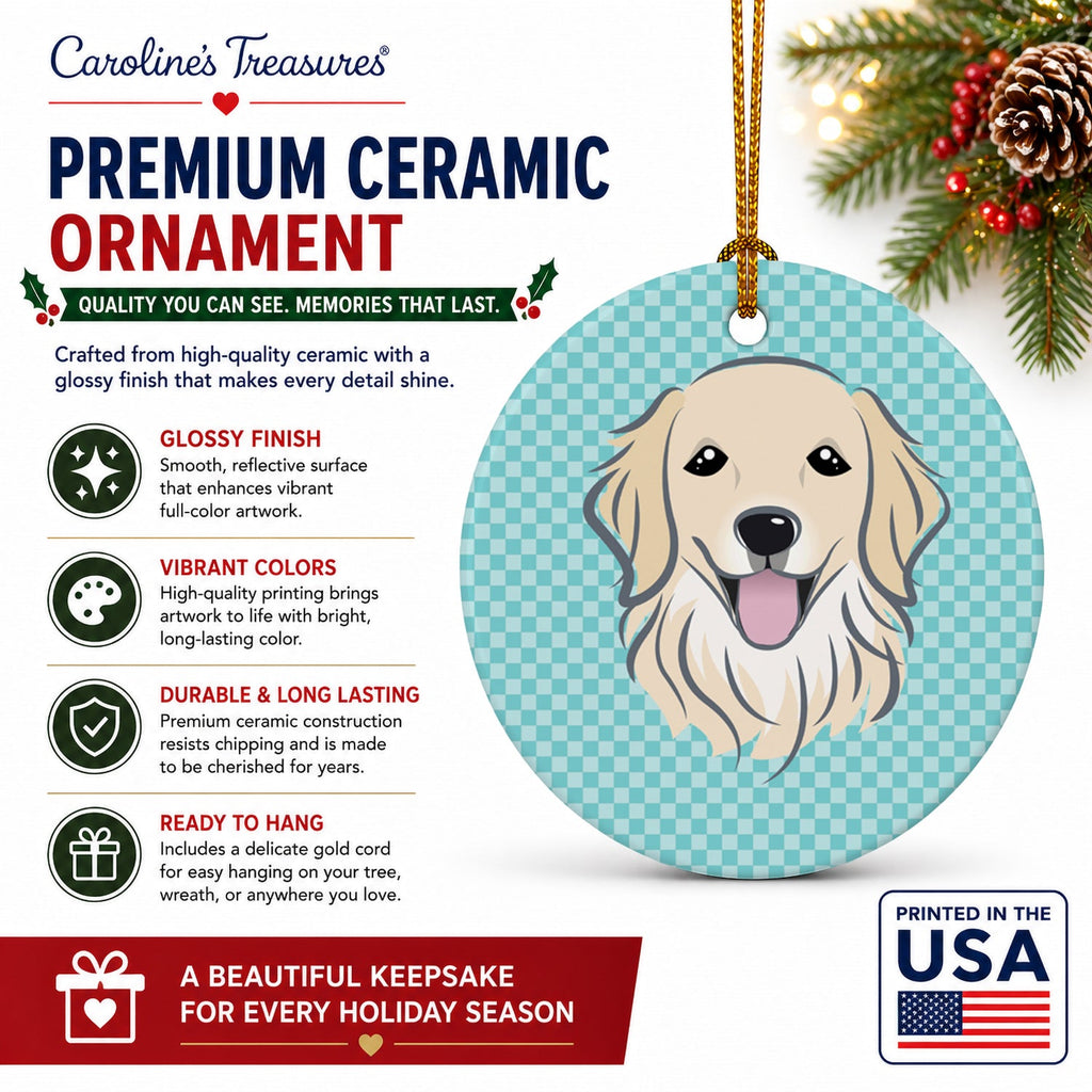 Checkerboard Blue Golden Retriever Ceramic Ornament Christmas Tree Hanging Decorations for Home Christmas Holiday, Party, Gift, 3 in, Multicolor