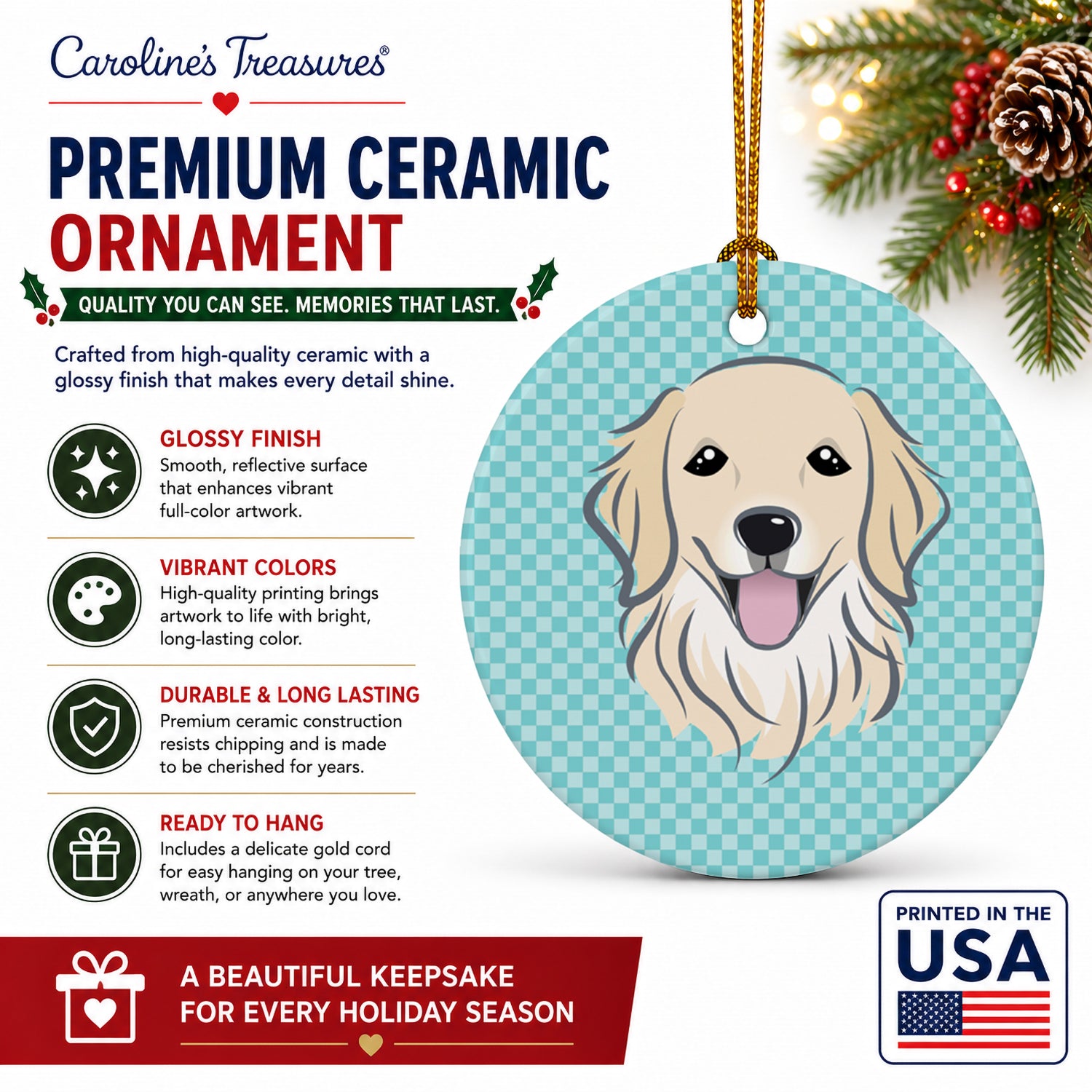 Checkerboard Blue Golden Retriever Ceramic Ornament Christmas Tree Hanging Decorations for Home Christmas Holiday, Party, Gift, 3 in, Multicolor