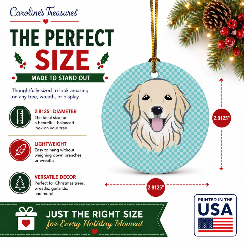 Checkerboard Blue Golden Retriever Ceramic Ornament Christmas Tree Hanging Decorations for Home Christmas Holiday, Party, Gift, 3 in, Multicolor