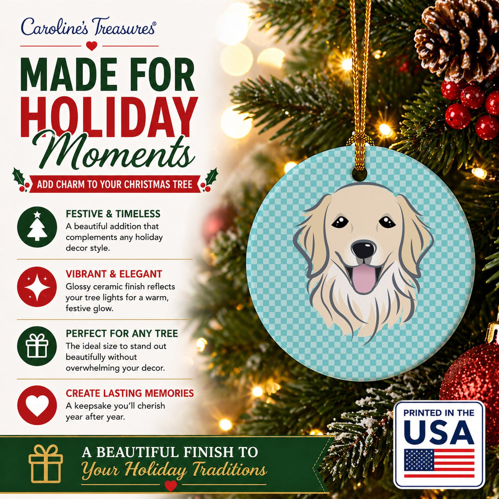 Checkerboard Blue Golden Retriever Ceramic Ornament Christmas Tree Hanging Decorations for Home Christmas Holiday, Party, Gift, 3 in, Multicolor