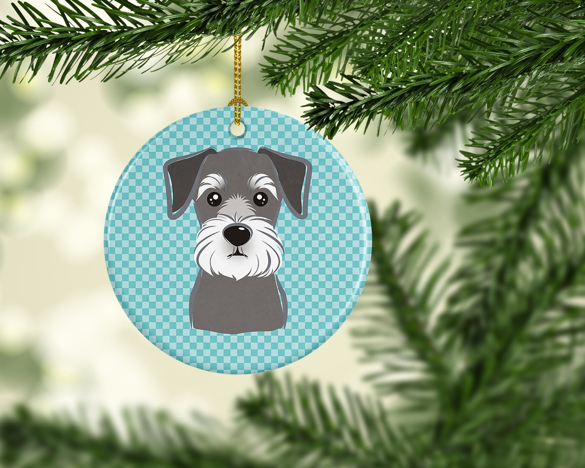 Checkerboard Blue Schnauzer Ceramic Ornament Christmas Tree Hanging Decorations for Home Christmas Holiday, Party, Gift, 3 in, Multicolor