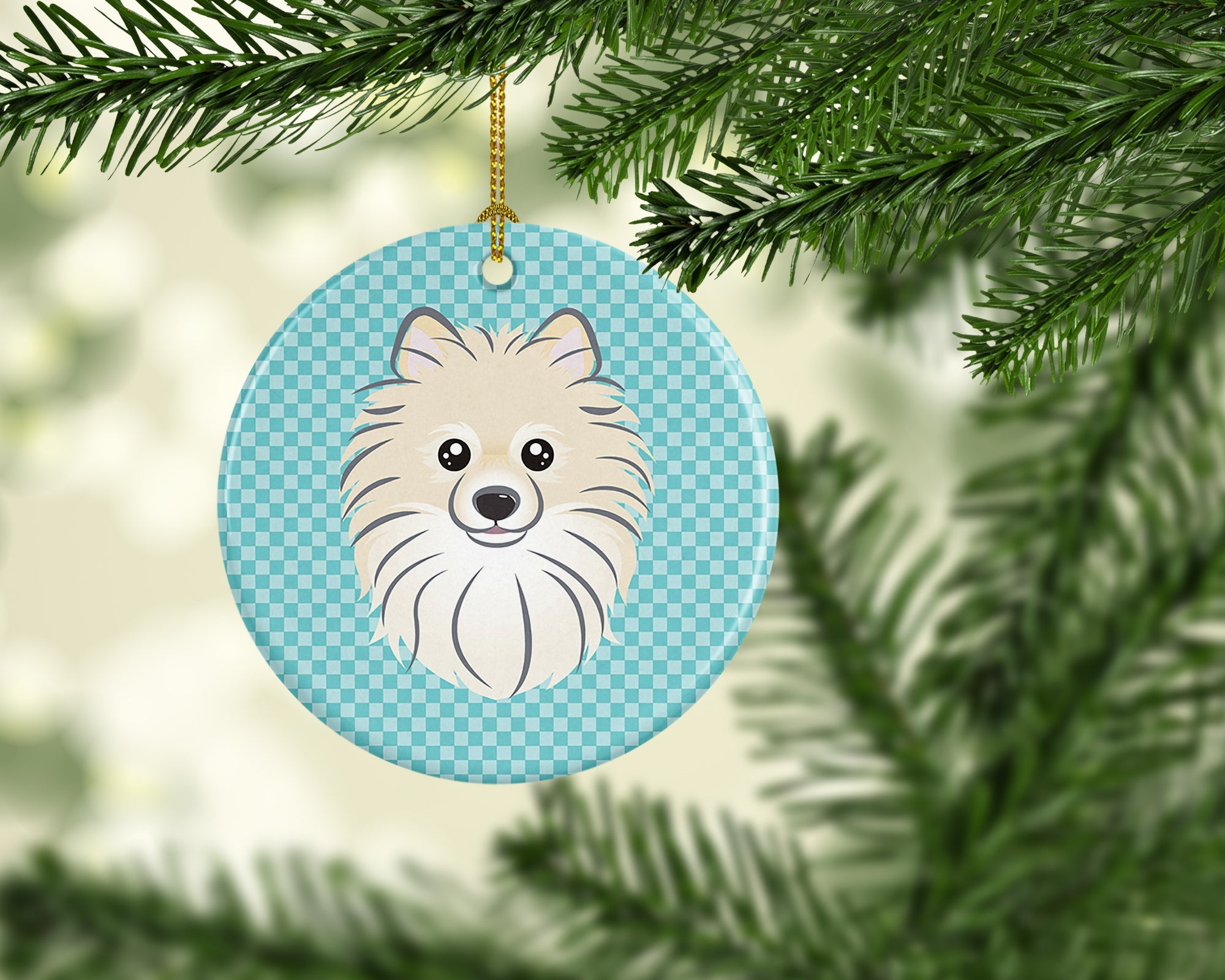 Checkerboard Blue Pomeranian Ceramic Ornament Christmas Tree Hanging Decorations for Home Christmas Holiday, Party, Gift, 3 in, Multicolor
