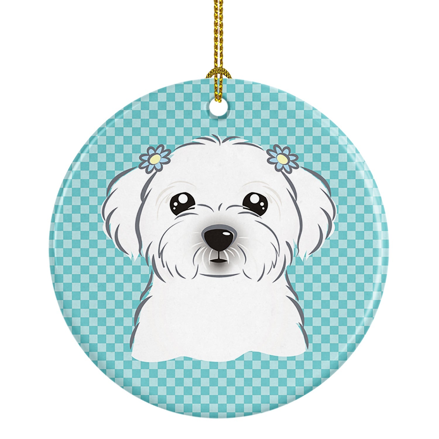 Checkerboard Blue Maltese Ceramic Ornament Christmas Tree Hanging Decorations for Home Christmas Holiday, Party, Gift, 3 in, Multicolor