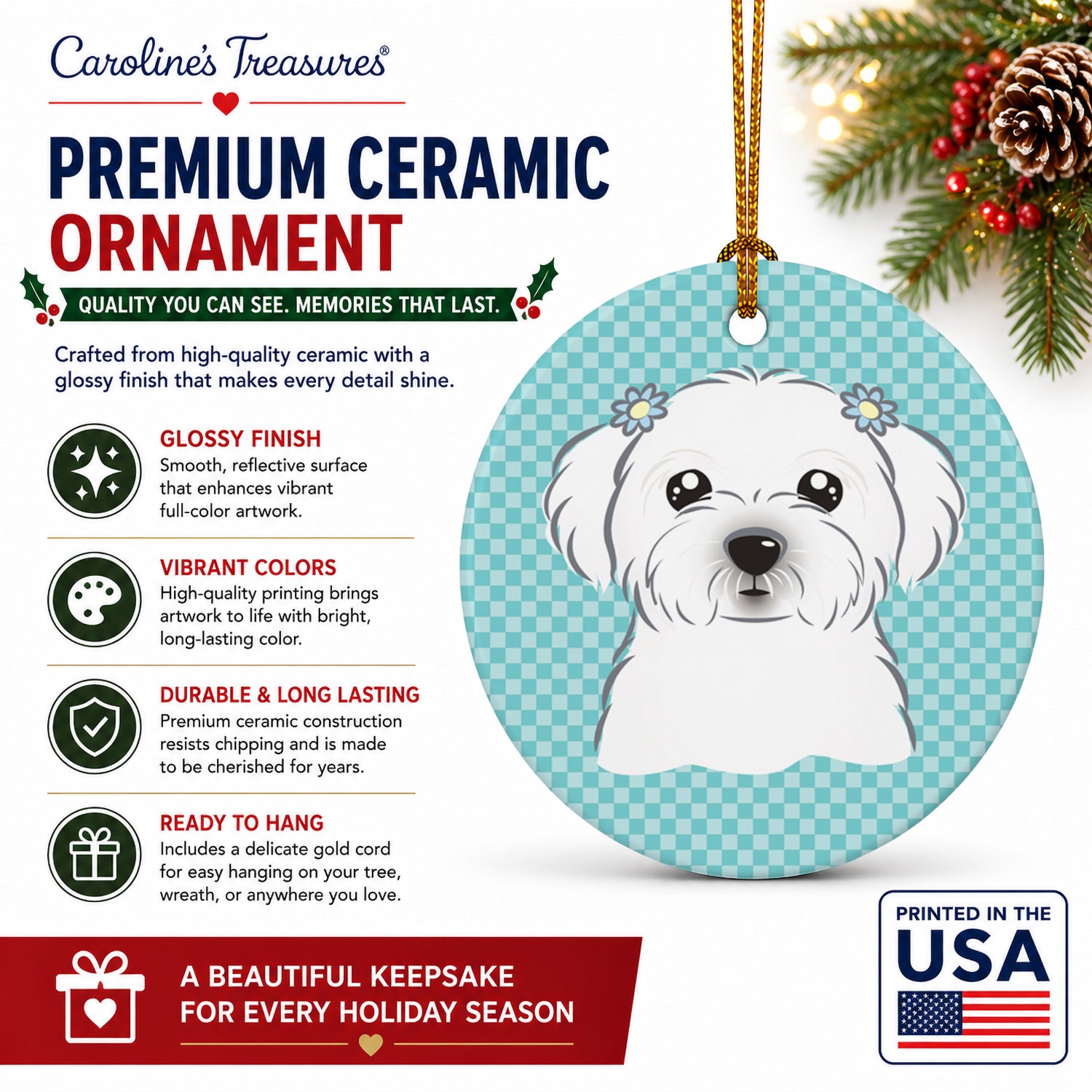 Checkerboard Blue Maltese Ceramic Ornament Christmas Tree Hanging Decorations for Home Christmas Holiday, Party, Gift, 3 in, Multicolor