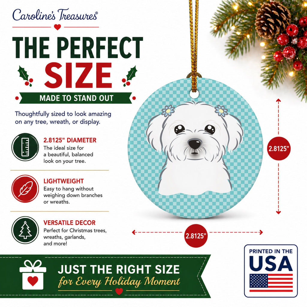 Checkerboard Blue Maltese Ceramic Ornament Christmas Tree Hanging Decorations for Home Christmas Holiday, Party, Gift, 3 in, Multicolor