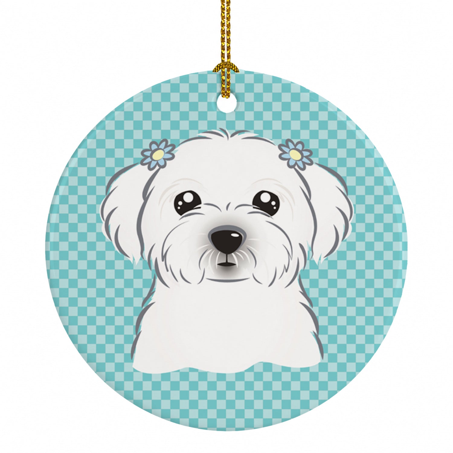 Checkerboard Blue Maltese Ceramic Ornament Christmas Tree Hanging Decorations for Home Christmas Holiday, Party, Gift, 3 in, Multicolor