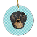 Checkerboard Blue Longhair Black and Tan Dachshund Ceramic Ornament Christmas Tree Hanging Decorations for Home Christmas Holiday, Party, Gift, 3 in, Multicolor