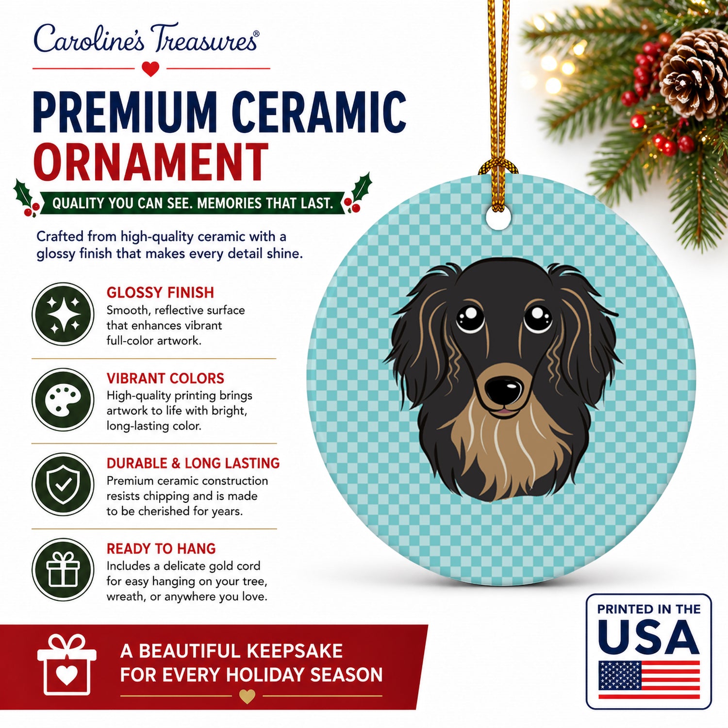 Checkerboard Blue Longhair Black and Tan Dachshund Ceramic Ornament Christmas Tree Hanging Decorations for Home Christmas Holiday, Party, Gift, 3 in, Multicolor