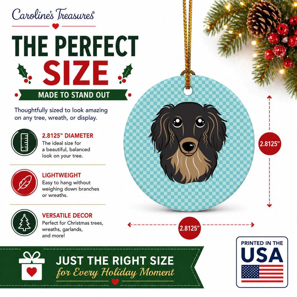 Checkerboard Blue Longhair Black and Tan Dachshund Ceramic Ornament Christmas Tree Hanging Decorations for Home Christmas Holiday, Party, Gift, 3 in, Multicolor