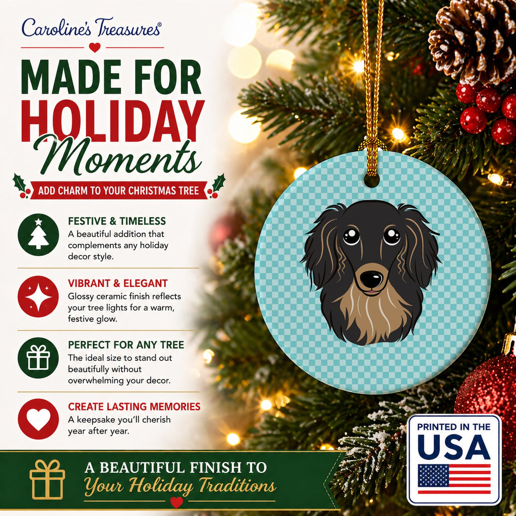 Checkerboard Blue Longhair Black and Tan Dachshund Ceramic Ornament Christmas Tree Hanging Decorations for Home Christmas Holiday, Party, Gift, 3 in, Multicolor