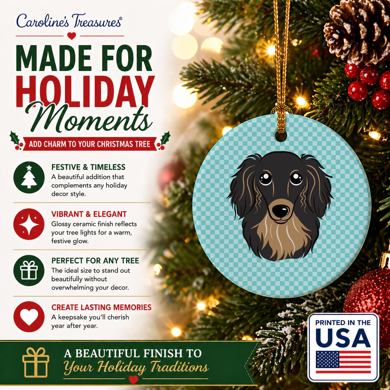 Checkerboard Blue Longhair Black and Tan Dachshund Ceramic Ornament Christmas Tree Hanging Decorations for Home Christmas Holiday, Party, Gift, 3 in, Multicolor