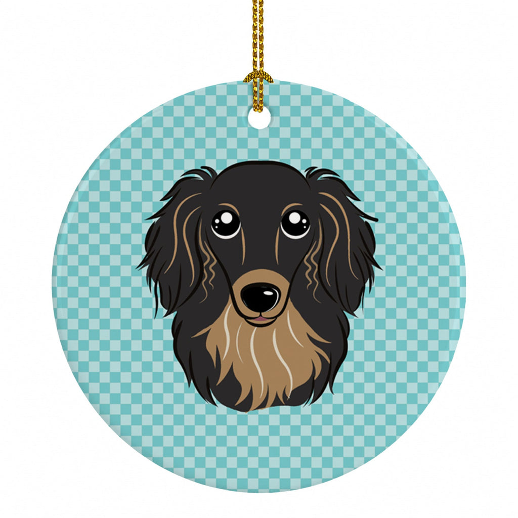 Checkerboard Blue Longhair Black and Tan Dachshund Ceramic Ornament Christmas Tree Hanging Decorations for Home Christmas Holiday, Party, Gift, 3 in, Multicolor