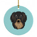 Checkerboard Blue Longhair Black and Tan Dachshund Ceramic Ornament Christmas Tree Hanging Decorations for Home Christmas Holiday, Party, Gift, 3 in, Multicolor