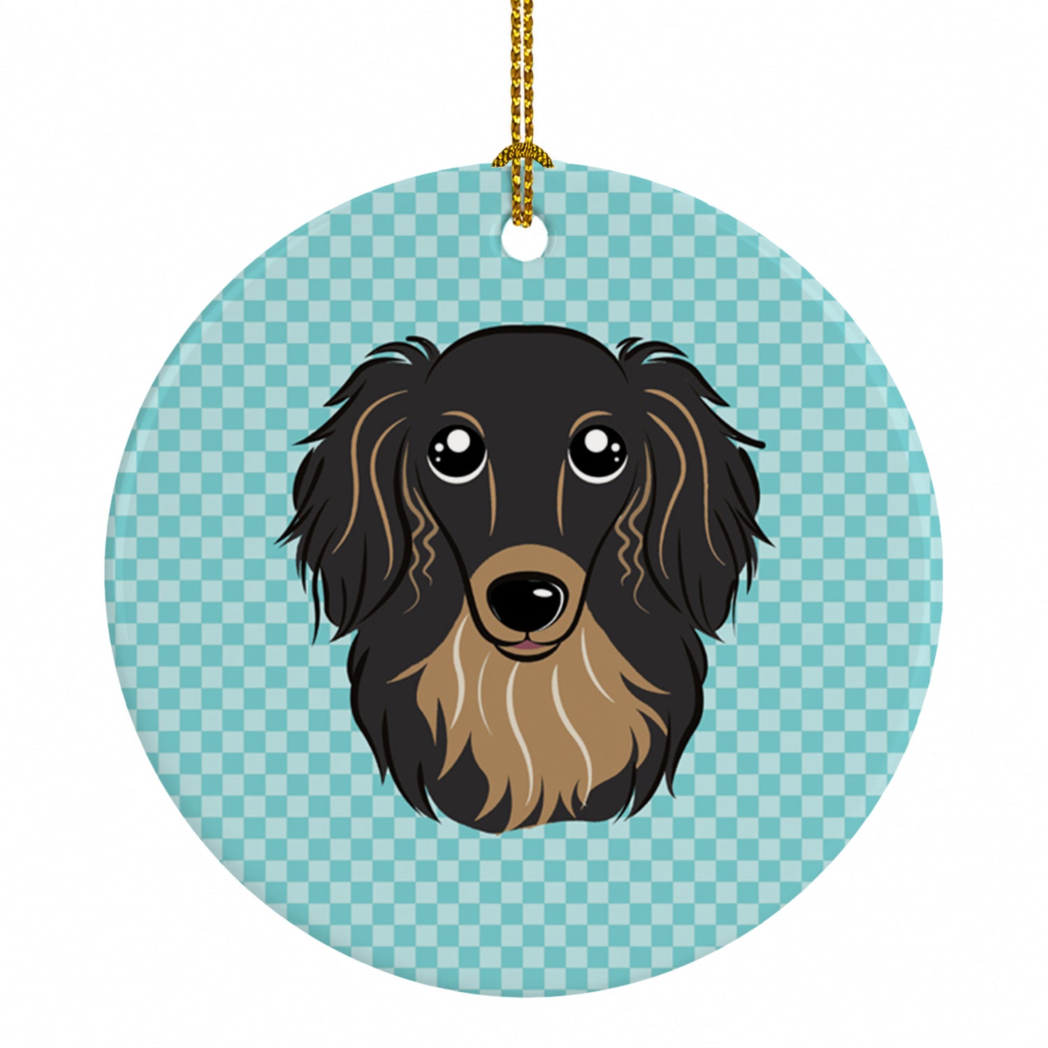 Checkerboard Blue Longhair Black and Tan Dachshund Ceramic Ornament Christmas Tree Hanging Decorations for Home Christmas Holiday, Party, Gift, 3 in, Multicolor