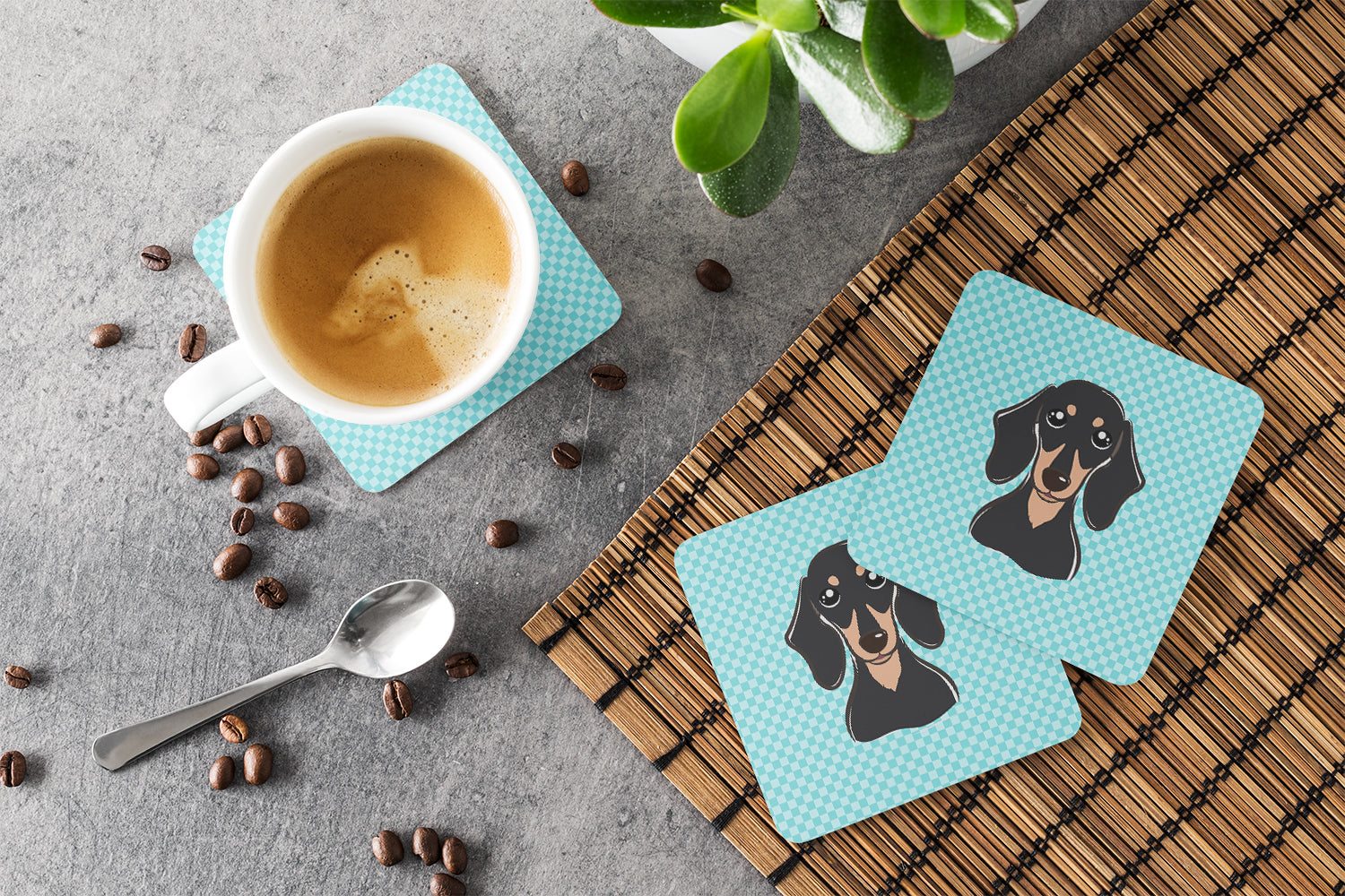 Checkerboard Blue Smooth Black and Tan Dachshund Foam Coasters Set of 4 Cup Coasters for Indoor Outdoor, Tabletop Protection, Anti Slip, Mouse pad Material