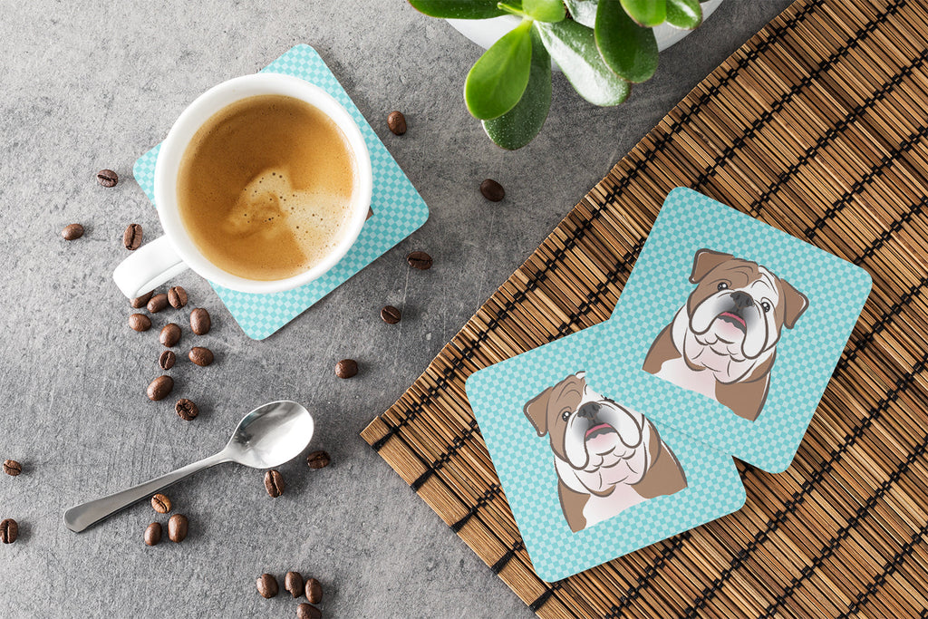 Checkerboard Blue English Bulldog  Foam Coasters Set of 4 Cup Coasters for Indoor Outdoor, Tabletop Protection, Anti Slip, Mouse pad Material