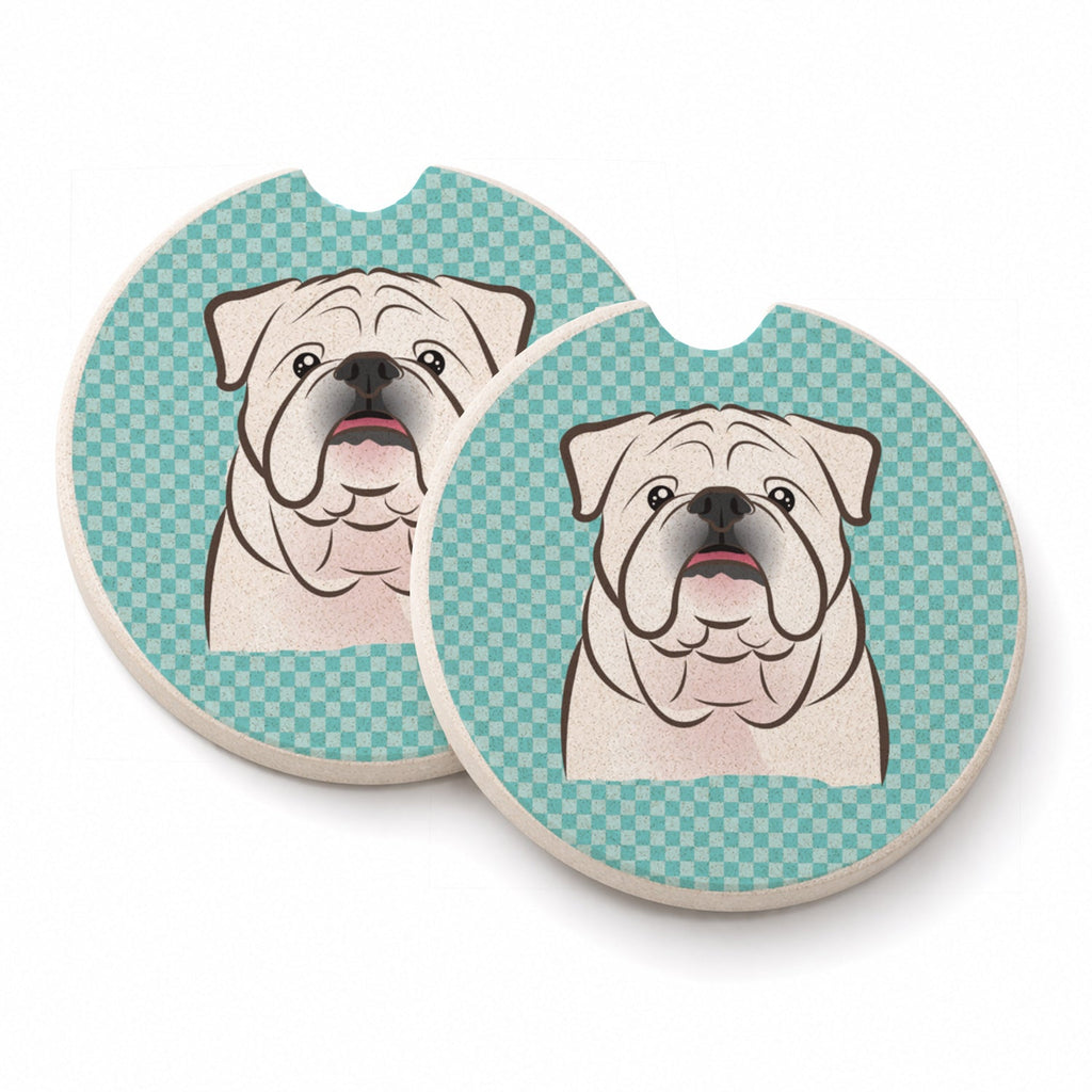 Checkerboard Blue White English Bulldog Set of 2 Cup Holder Car Coasters Absorbent Round Sandstone Coasters Gifts for Men or Women, 2.5, Multicolor