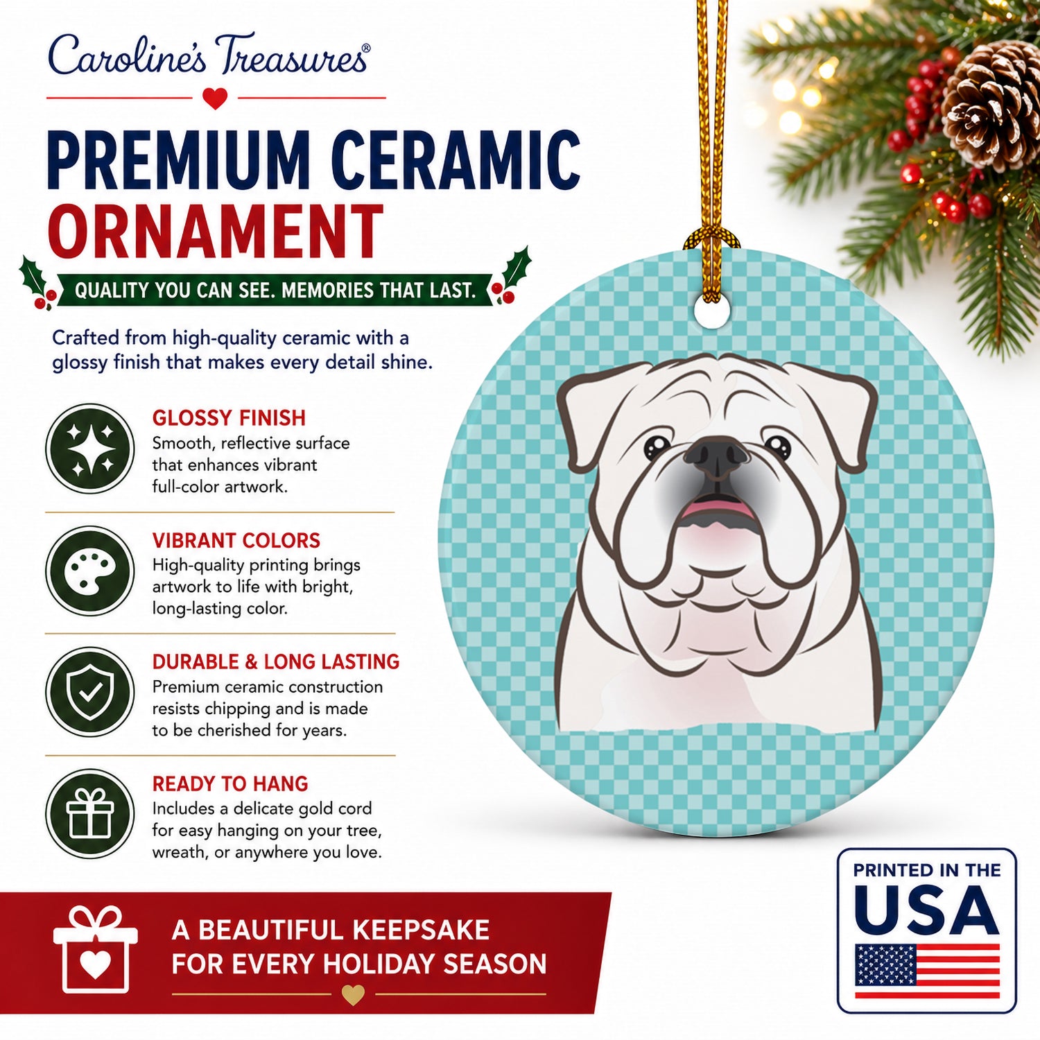 Checkerboard Blue White English Bulldog  Ceramic Ornament Christmas Tree Hanging Decorations for Home Christmas Holiday, Party, Gift, 3 in, Multicolor