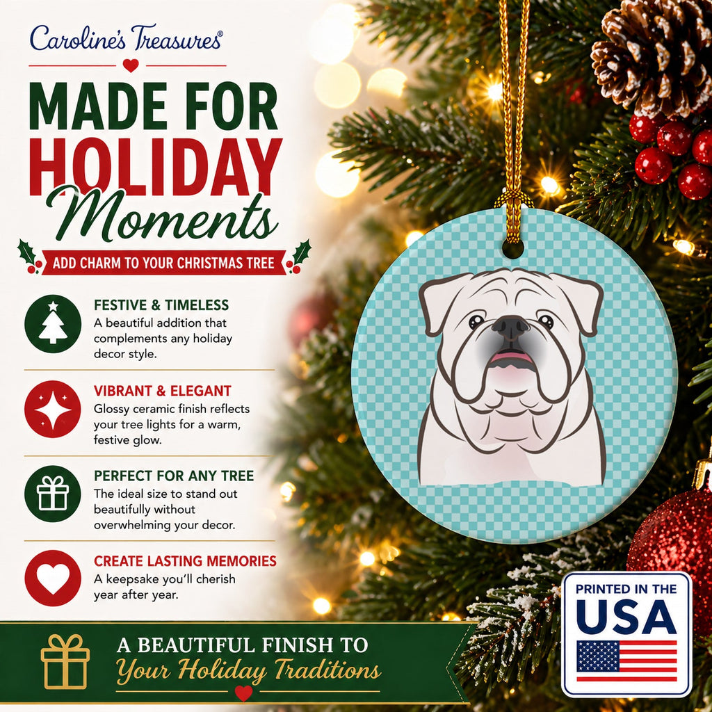 Checkerboard Blue White English Bulldog  Ceramic Ornament Christmas Tree Hanging Decorations for Home Christmas Holiday, Party, Gift, 3 in, Multicolor