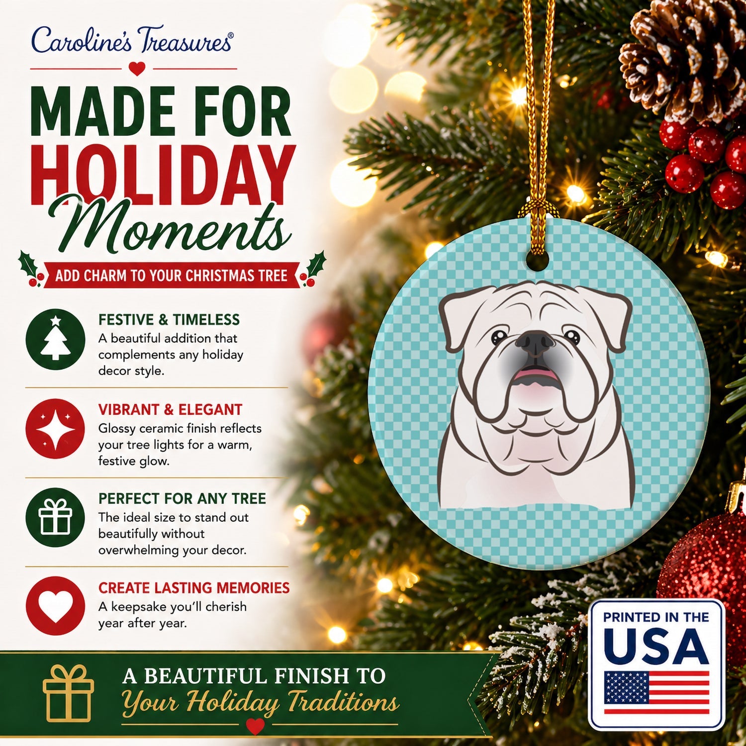 Checkerboard Blue White English Bulldog  Ceramic Ornament Christmas Tree Hanging Decorations for Home Christmas Holiday, Party, Gift, 3 in, Multicolor