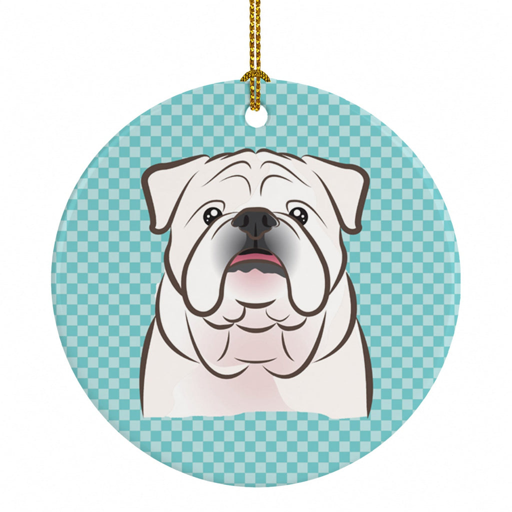 Checkerboard Blue White English Bulldog  Ceramic Ornament Christmas Tree Hanging Decorations for Home Christmas Holiday, Party, Gift, 3 in, Multicolor