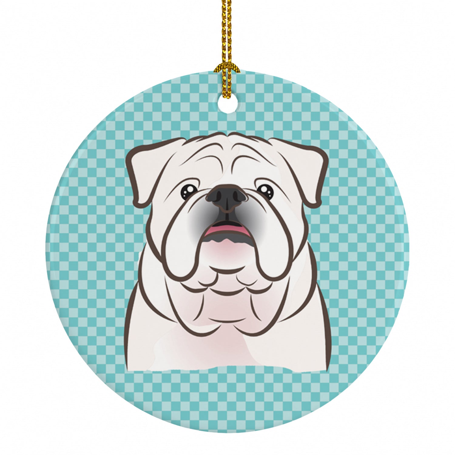 Checkerboard Blue White English Bulldog  Ceramic Ornament Christmas Tree Hanging Decorations for Home Christmas Holiday, Party, Gift, 3 in, Multicolor