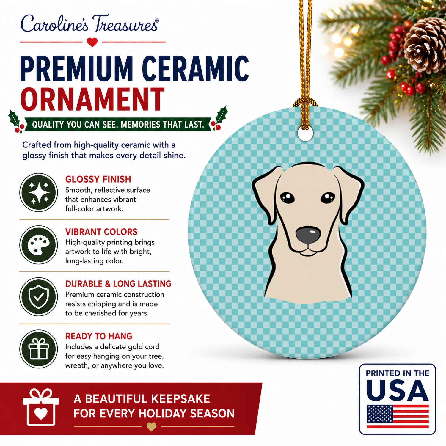 Checkerboard Blue Yellow Labrador Ceramic Ornament Christmas Tree Hanging Decorations for Home Christmas Holiday, Party, Gift, 3 in, Multicolor
