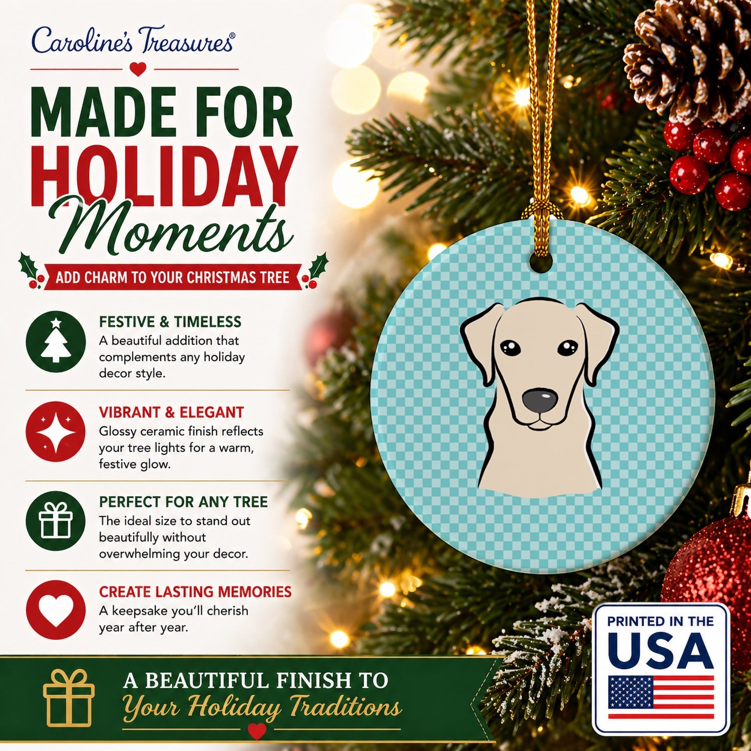 Checkerboard Blue Yellow Labrador Ceramic Ornament Christmas Tree Hanging Decorations for Home Christmas Holiday, Party, Gift, 3 in, Multicolor