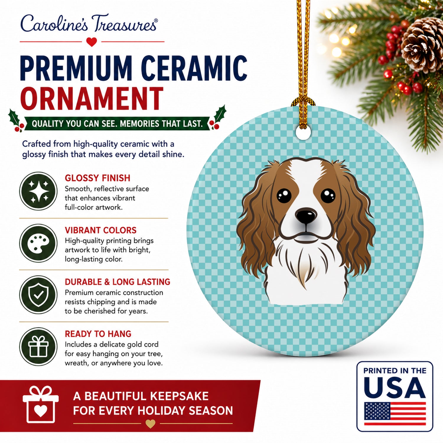 Checkerboard Blue Cavalier Spaniel Ceramic Ornament Christmas Tree Hanging Decorations for Home Christmas Holiday, Party, Gift, 3 in, Multicolor