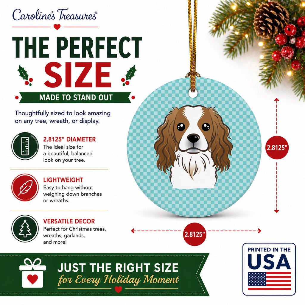 Checkerboard Blue Cavalier Spaniel Ceramic Ornament Christmas Tree Hanging Decorations for Home Christmas Holiday, Party, Gift, 3 in, Multicolor