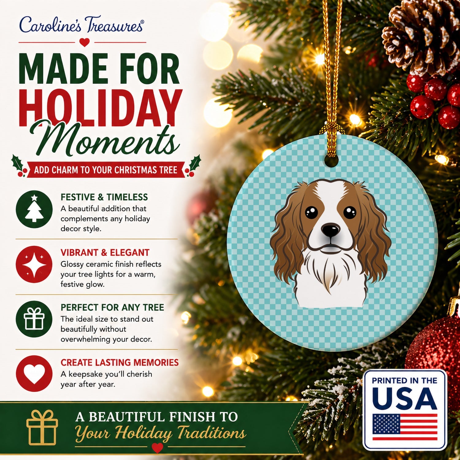 Checkerboard Blue Cavalier Spaniel Ceramic Ornament Christmas Tree Hanging Decorations for Home Christmas Holiday, Party, Gift, 3 in, Multicolor